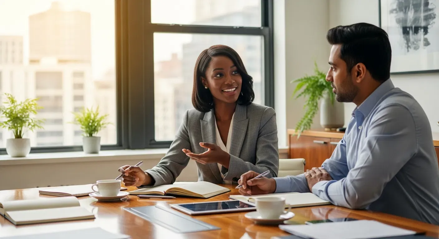 Socios conversando sobre oportunidades de financiamiento comercial
